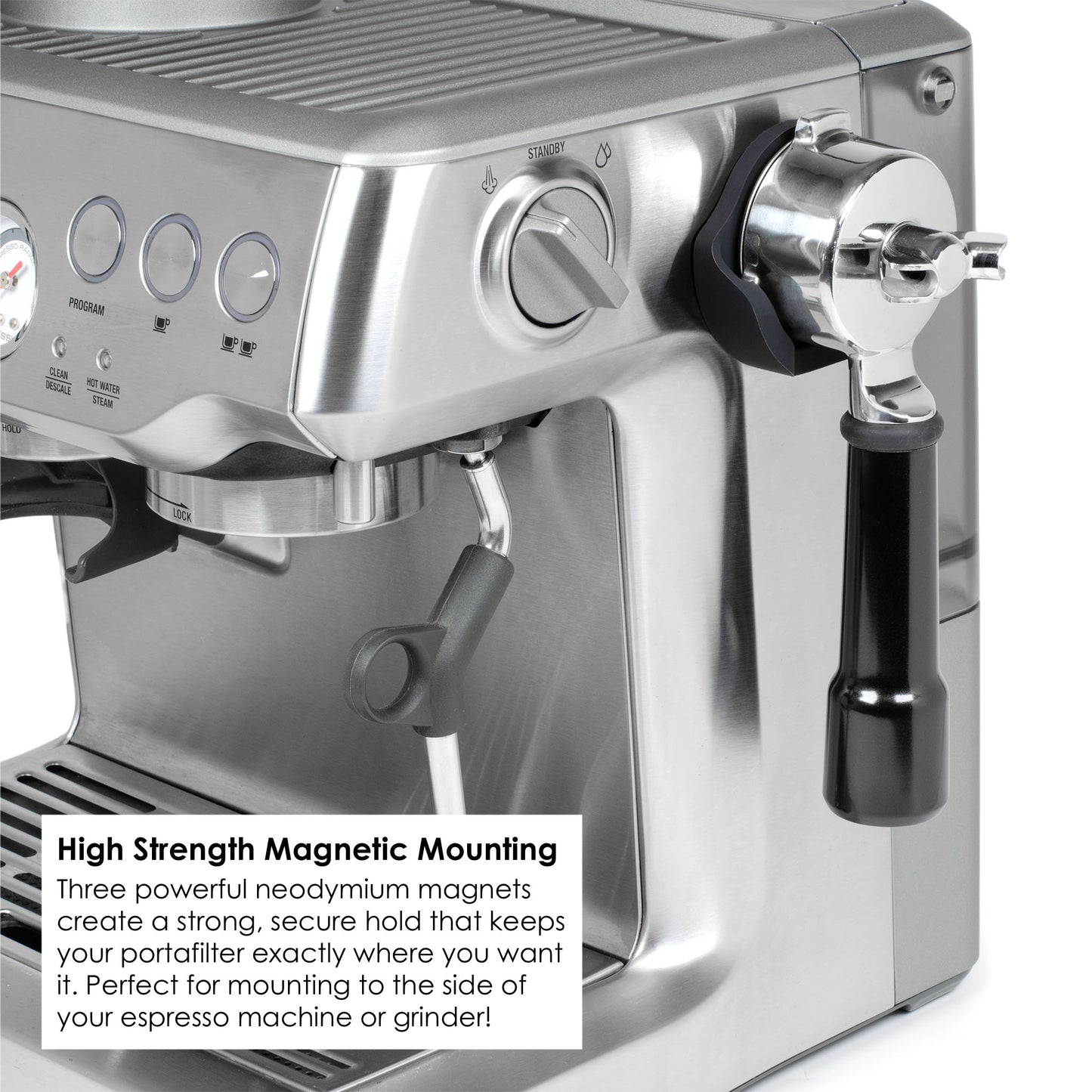 ARO Espresso PortaMount attached to the side of a Breville Barista Express espresso machine, securely holding a portafilter with high-strength magnetic mounting.