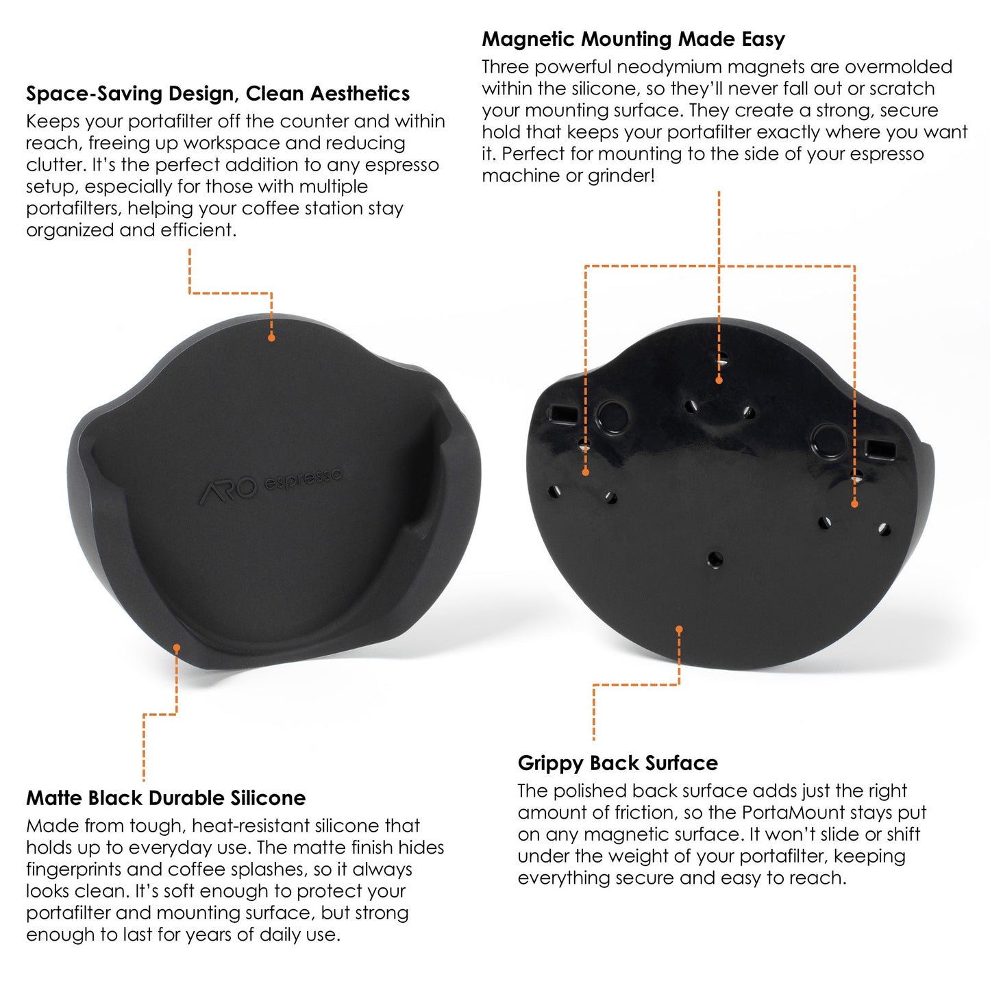 ARO Espresso PortaMount front and back view with annotated callouts highlighting space-saving design, durable matte black silicone, magnetic mounting with neodymium magnets, and grippy back surface.
