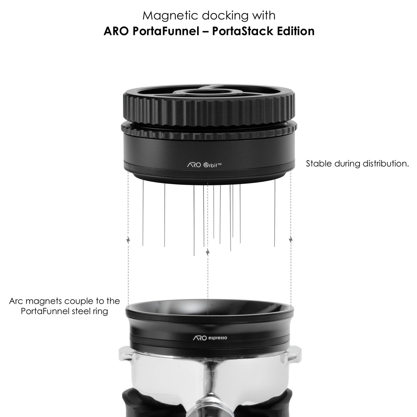 Black ARO Orbit PRO with brass gears magnetically docking to the PortaFunnel PortaStack Edition on a portafilter.