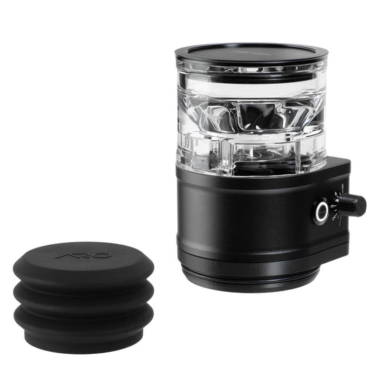 ARO Slow Feeder PRO black aluminum and clear acrylic coffee bean feeder assembled with grinder adapter, low-profile cap, and silicone bellows