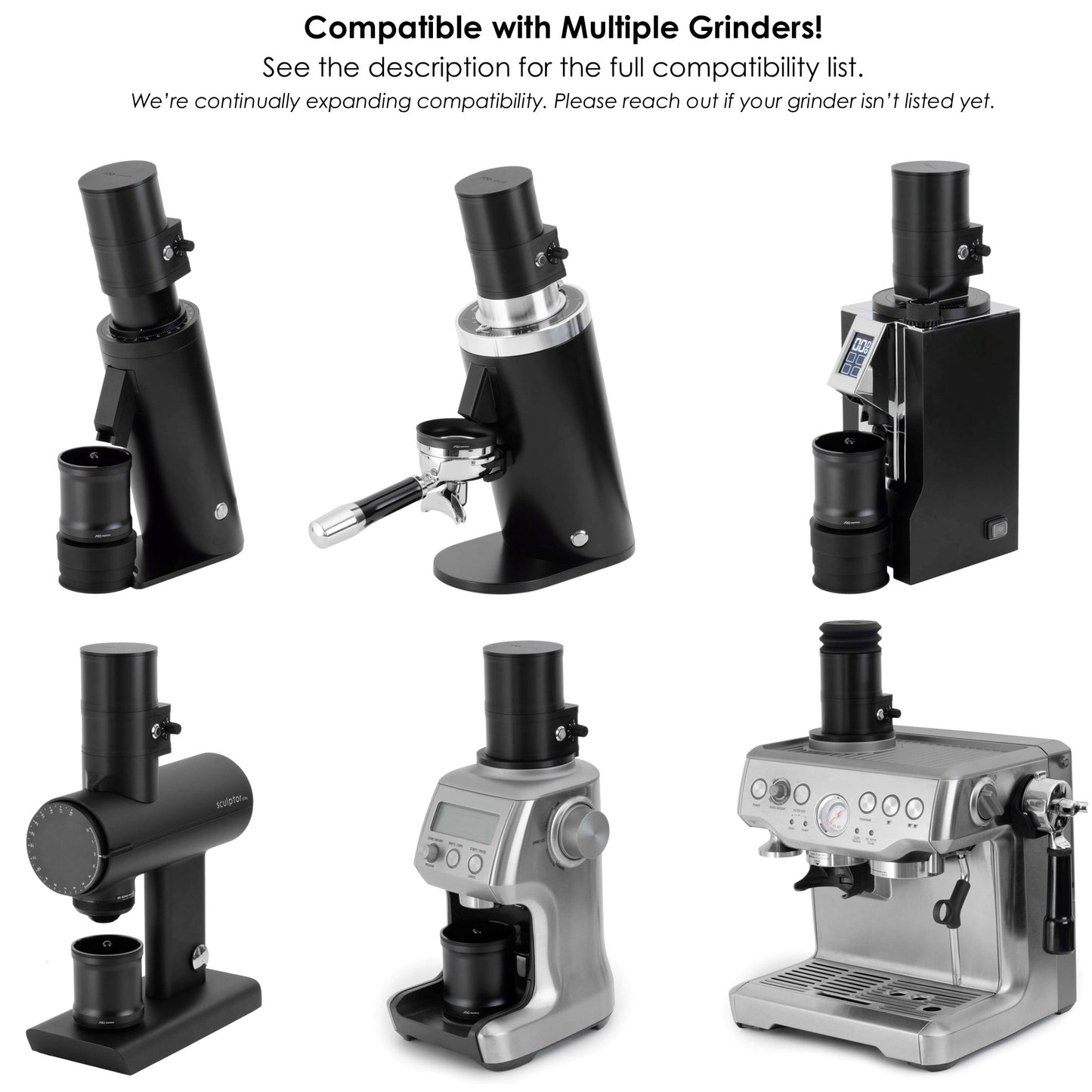 Collage showing the ARO Slow Feeder installed on six different coffee grinders, demonstrating its compatibility with multiple grinder brands and models.