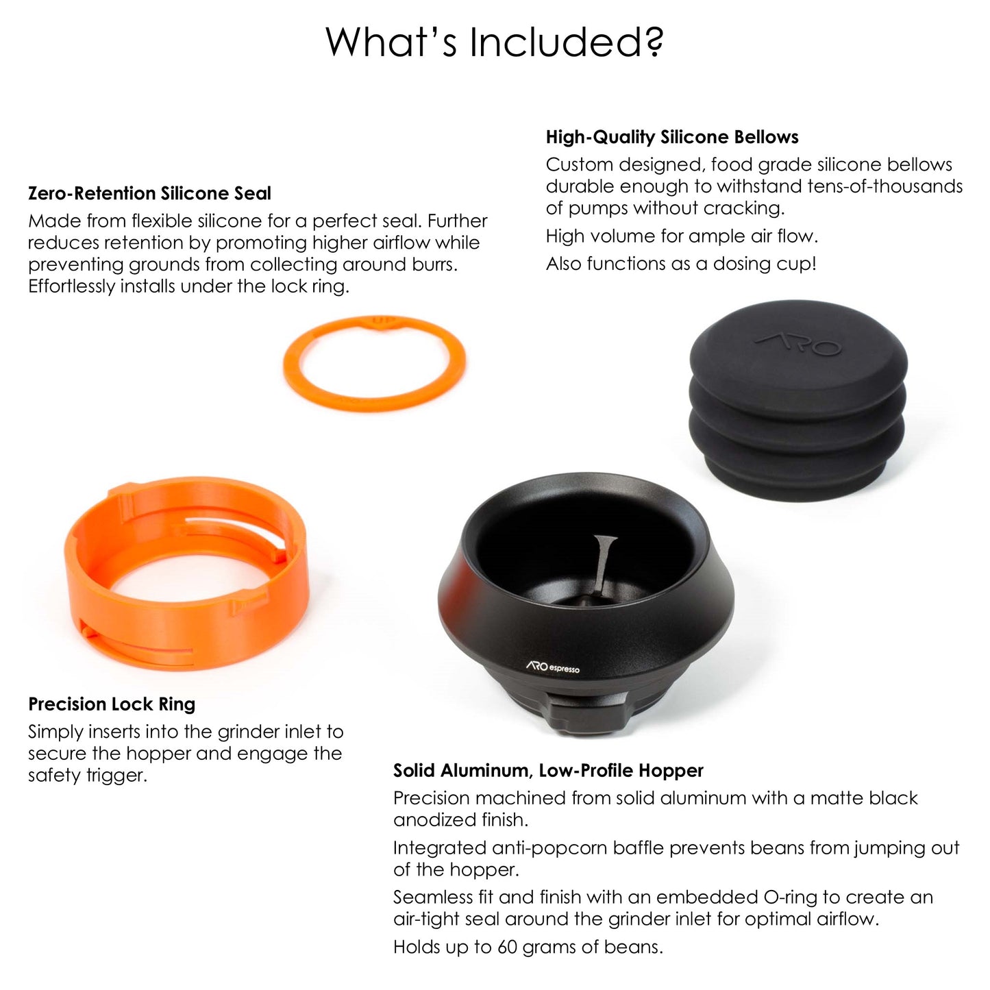 ARO Espresso™ Aluminum Single Dose Hopper with Silicone Bellows and Integrated Anti-Popcorn Baffle | Compatible with Breville/Sage Smart Grinder Pro