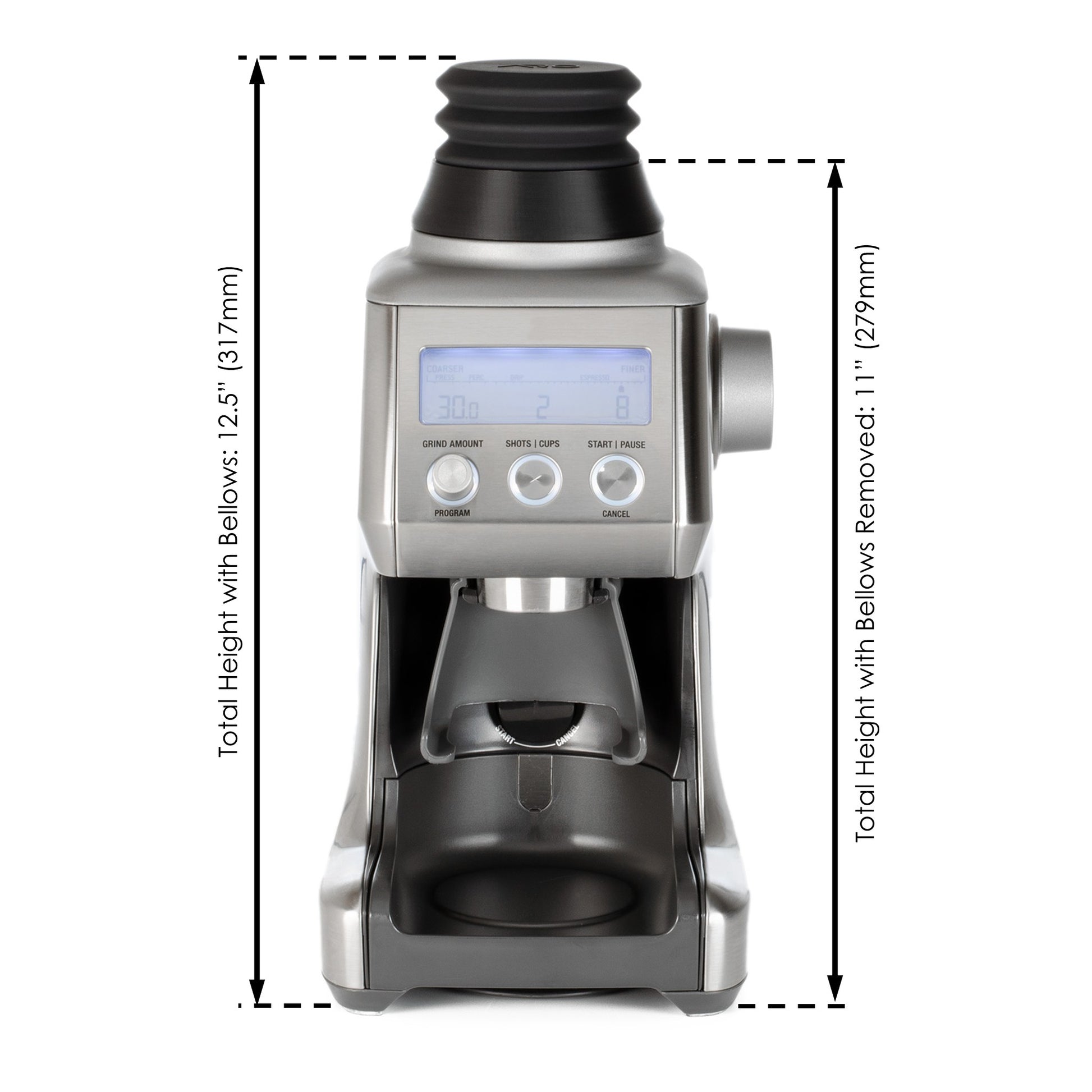 Height dimensions of ARO Espresso single dose hopper installed on grinder