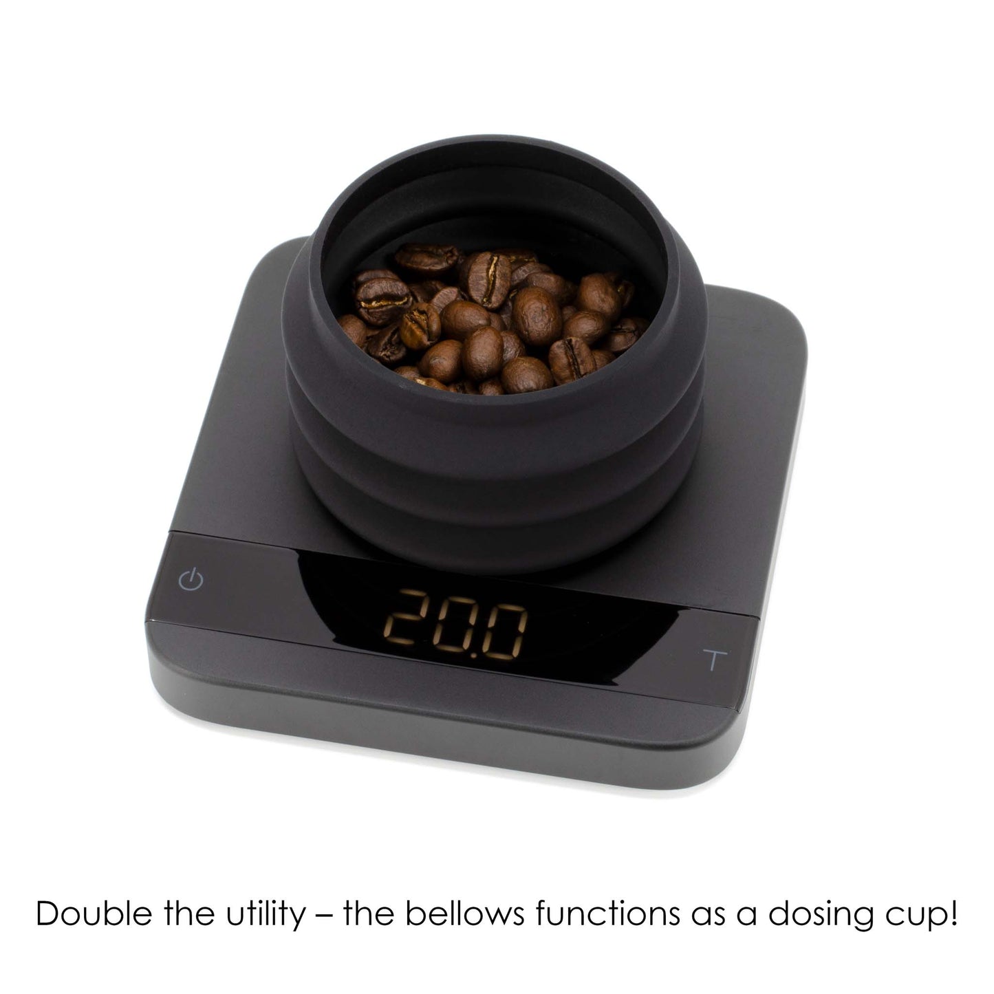 Silicone bellows used as a dosing cup filled with beans on top of a scale