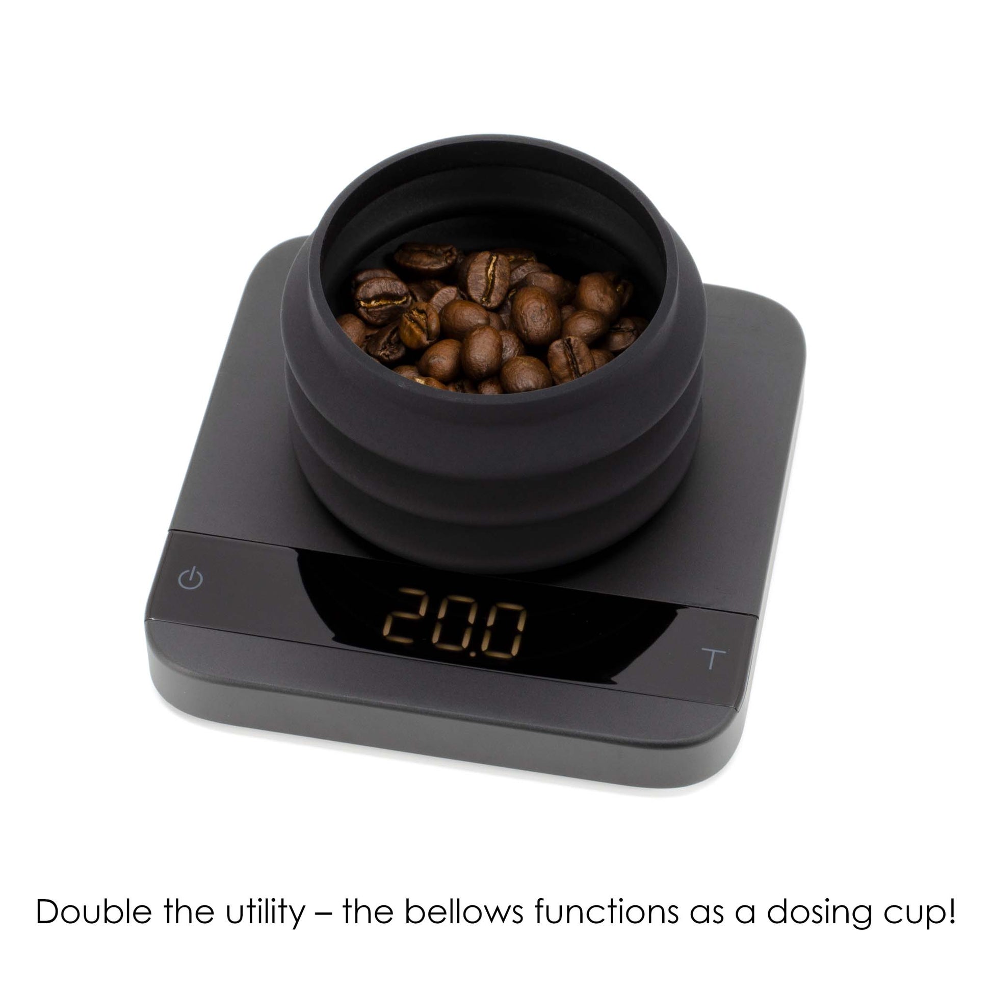 Silicone bellows used as a dosing cup filled with beans on top of a scale