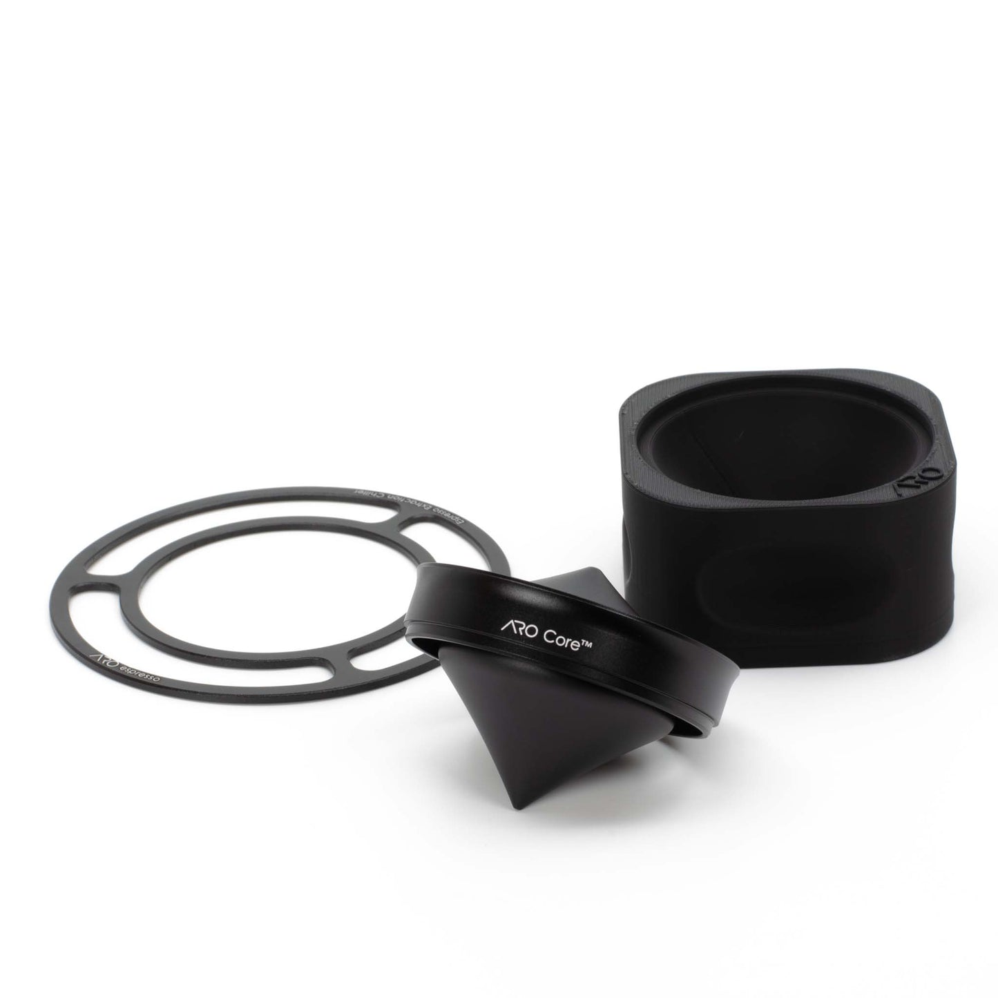 ARO Core single pack components including the chiller, cup support plate, and stand, demonstrating convenient storage and versatile cup compatibility.