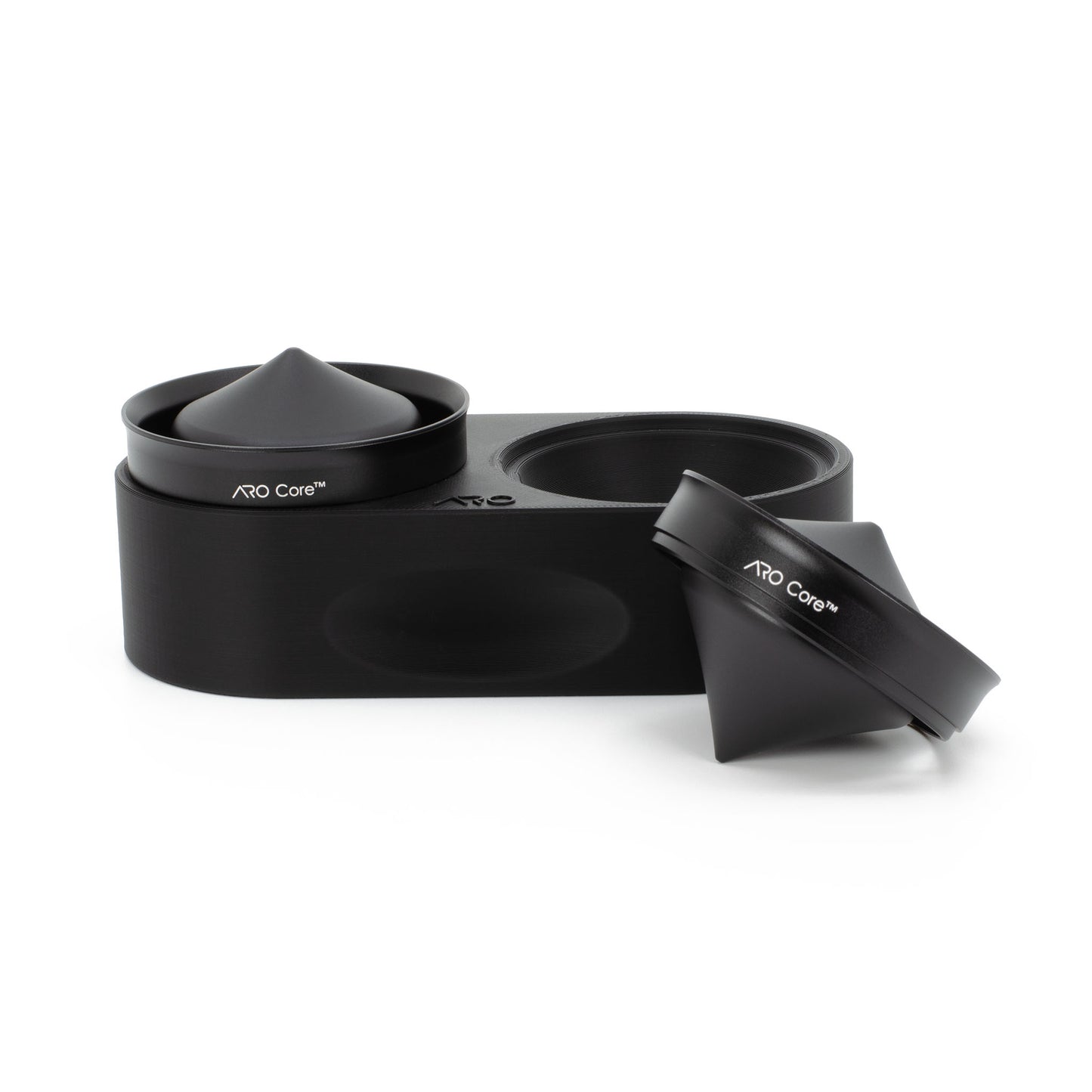 ARO Core two-pack with one chiller inserted and one removed from the stand, emphasizing easy handling and organized freezer storage.