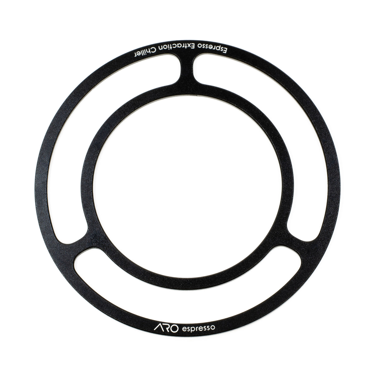 Black anodized aluminum ARO Core cup support plate for an espresso extraction chiller.