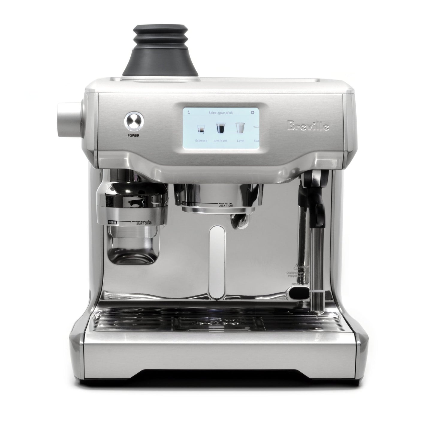 Front view of a Breville Oracle espresso machine with the black ARO plastic single dose hopper installed.