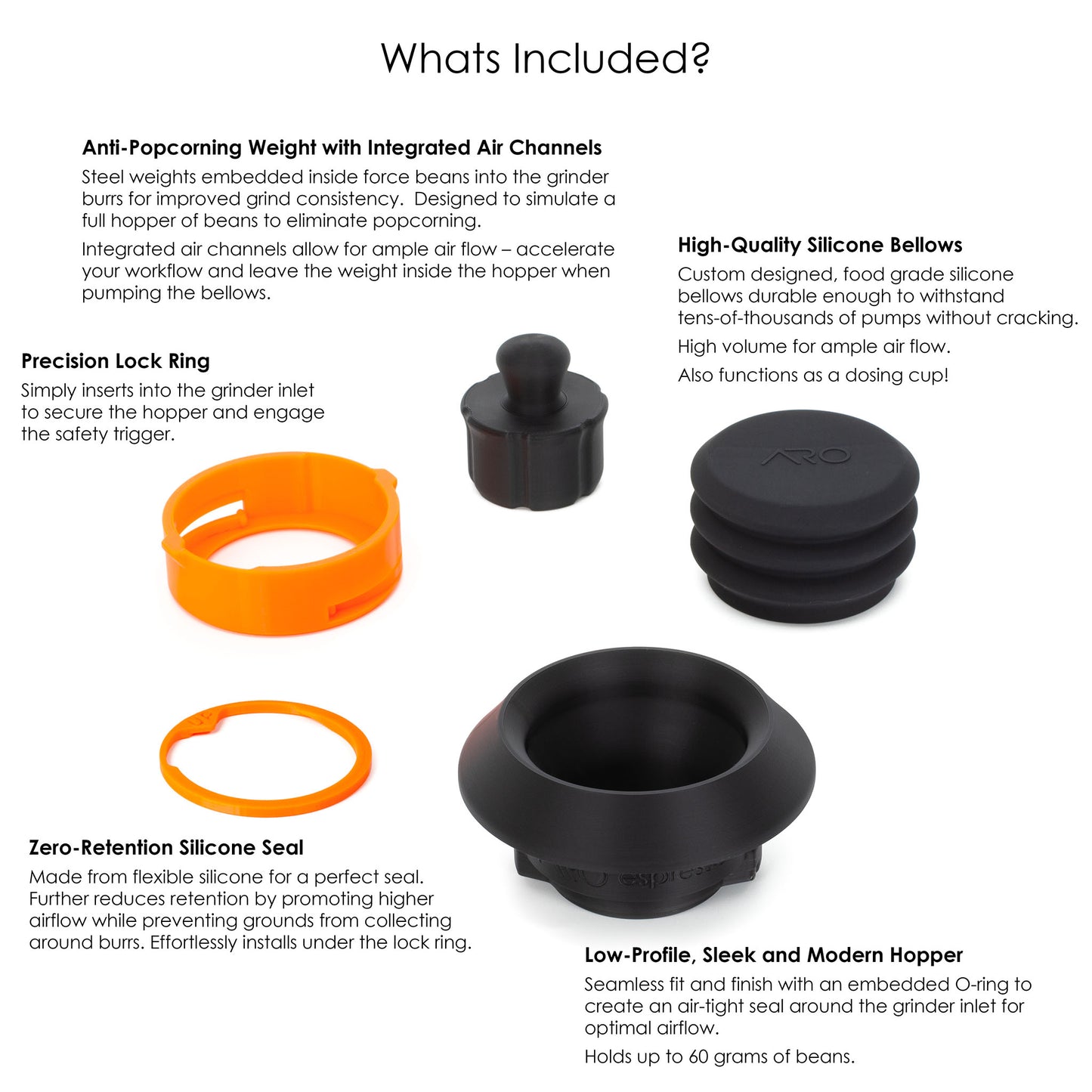 All the components included in the single dose hopper kit