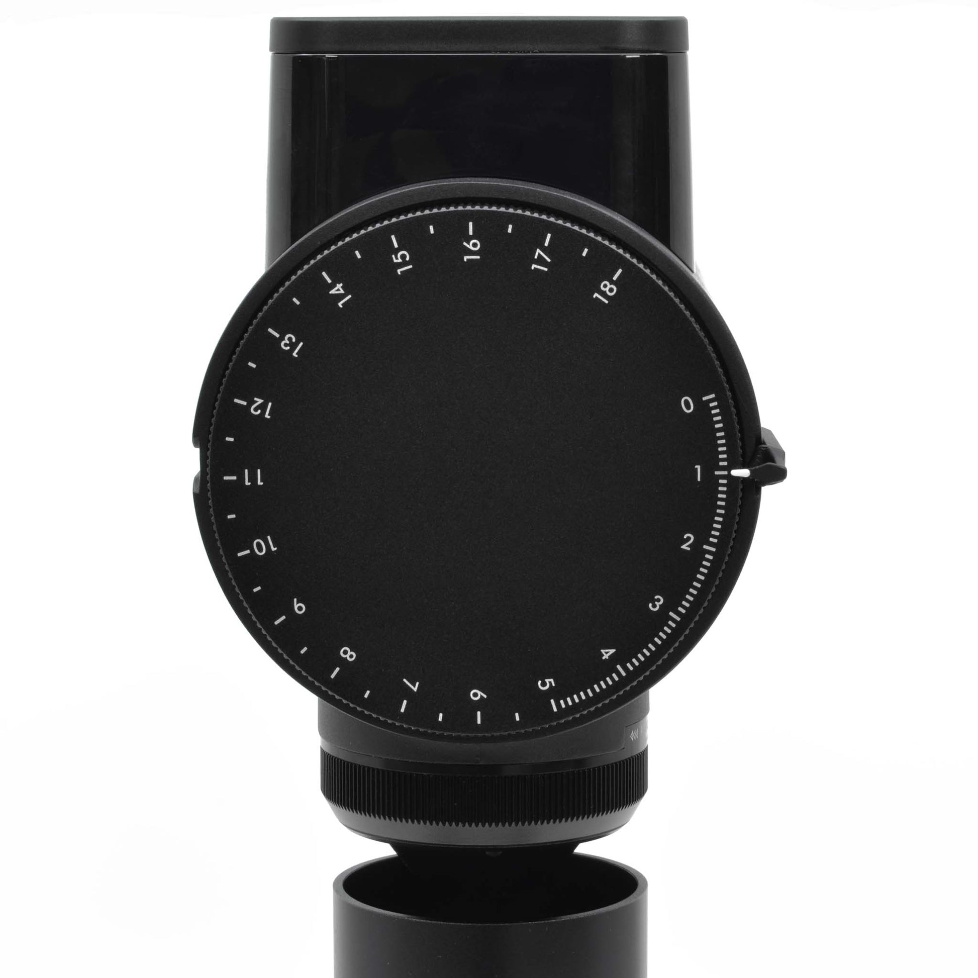Front view of a Timemore Sculptor 078 espresso grinder dial with white measurement markings and dial pointer indicating the grind setting