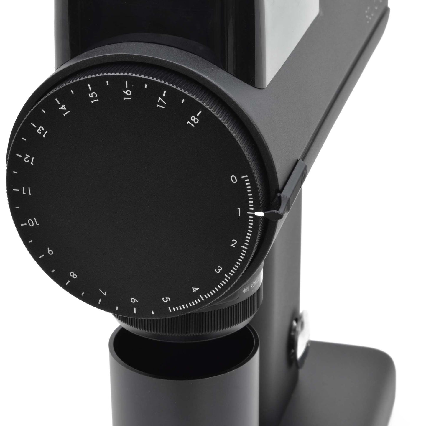 Angled front view of a Timemore Sculptor 078 espresso grinder dial with custom dial pointer attached.