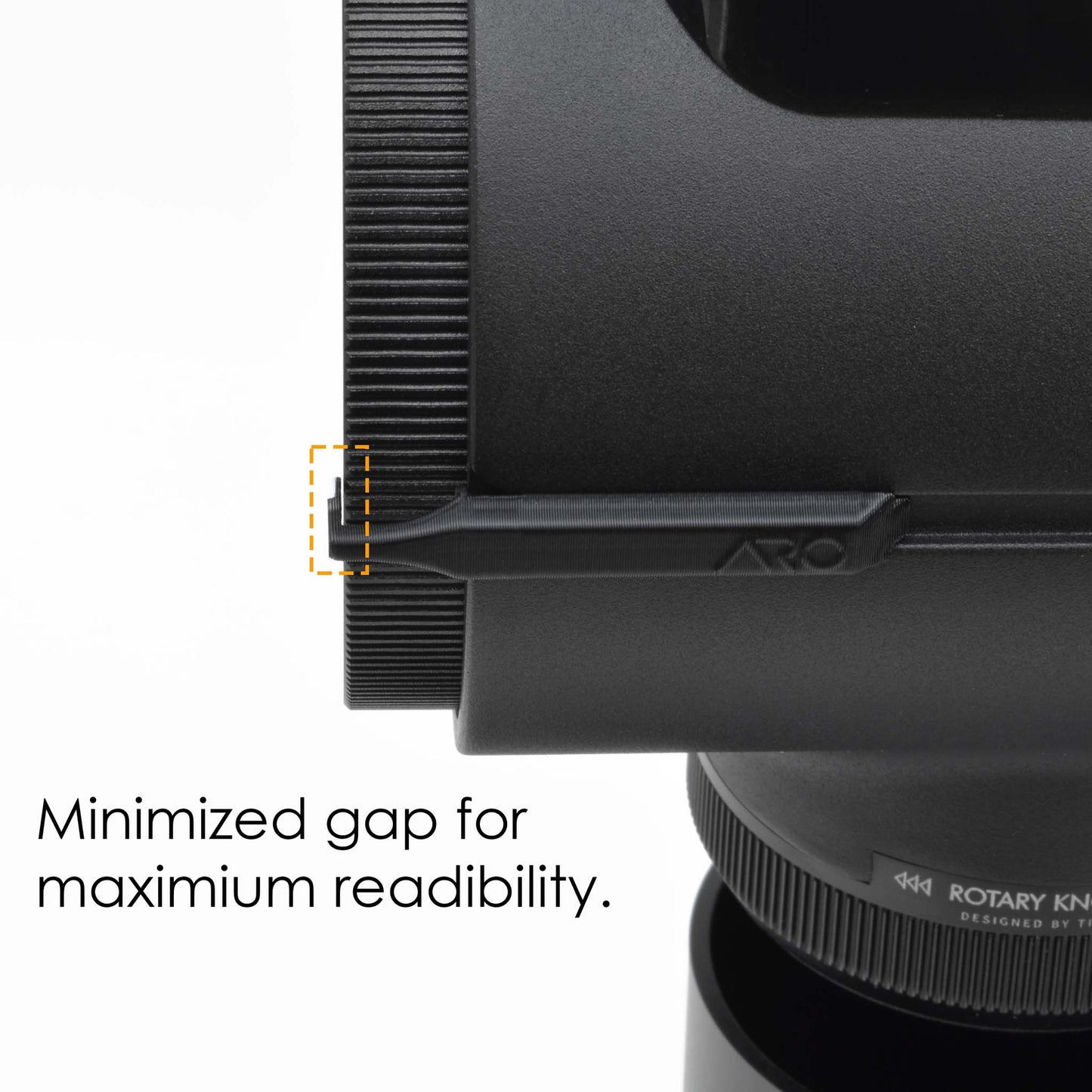 Side view of Timemore Sculptor 078 espresso grinder dial with custom dial pointer highlighting minimized gap for better readability.