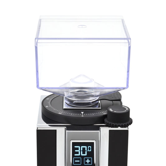 A matte-black aluminum dial and knob installed on a Eureka Mignon XL with the stock hopper.