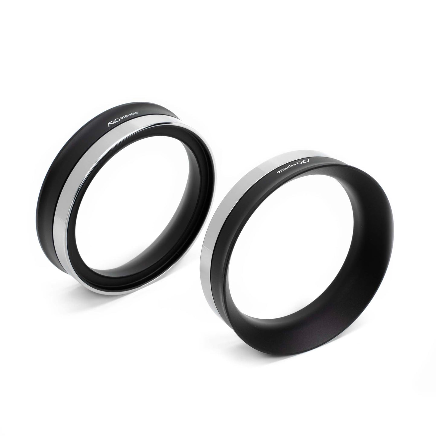 Twin ARO PortaFunnels for 58mm portafilters, showcasing the sleek black anodized aluminum body with a polished stainless steel ring.