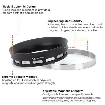 ARO PortaFunnel tilted on its stainless steel ring, highlighting the clean lines and magnetic design of the black anodized aluminum funnel.