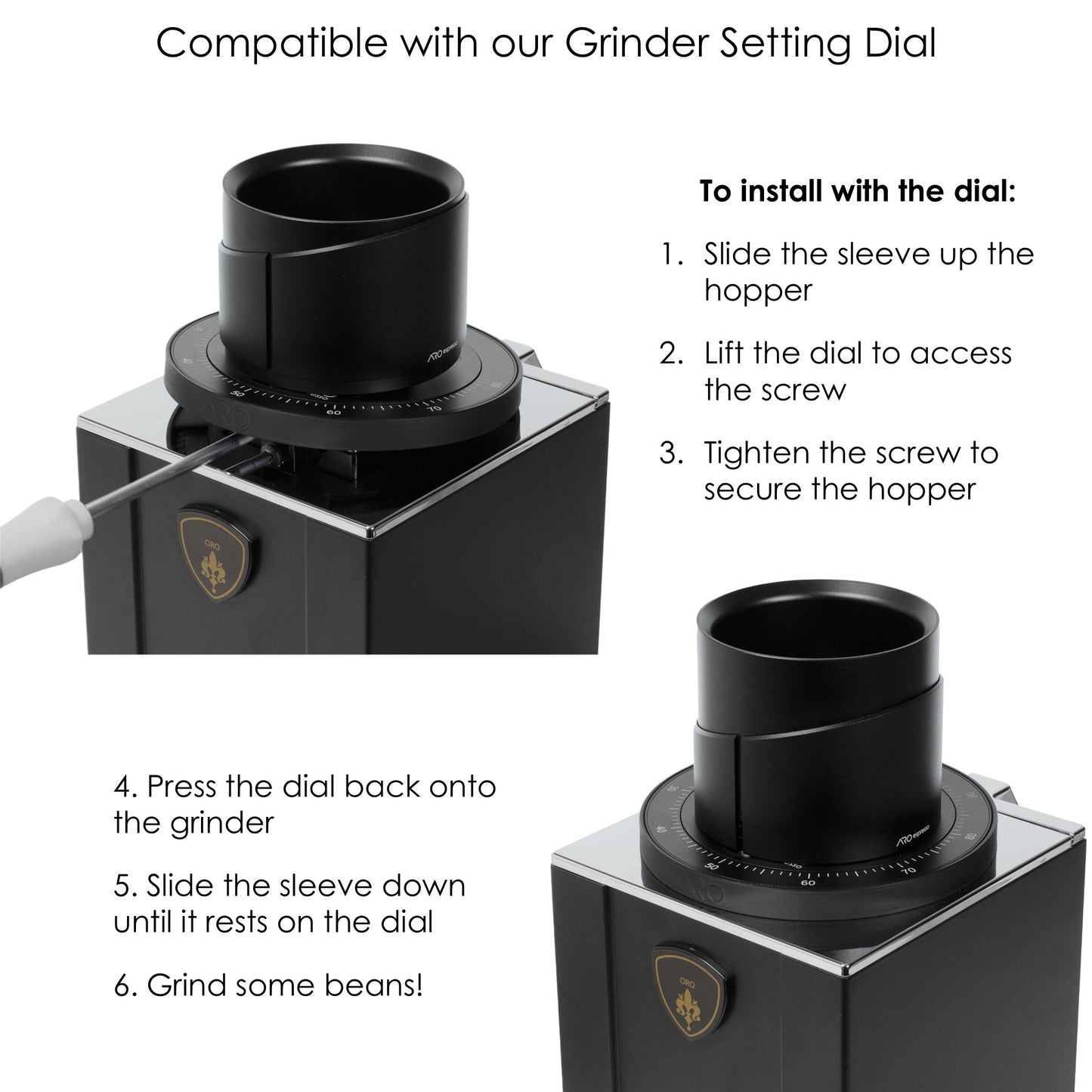 Compatibility demonstration of the ARO Espresso Grinder Setting Dial with a Eureka Mignon grinder, showing installation steps and integration with the grind adjustment mechanism.