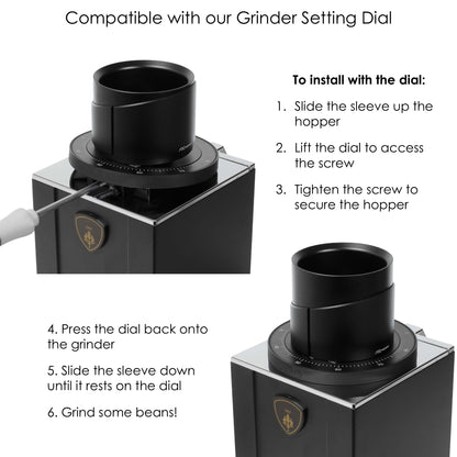 Compatibility demonstration of the ARO Espresso Grinder Setting Dial with a Eureka Mignon grinder, showing installation steps and integration with the grind adjustment mechanism.