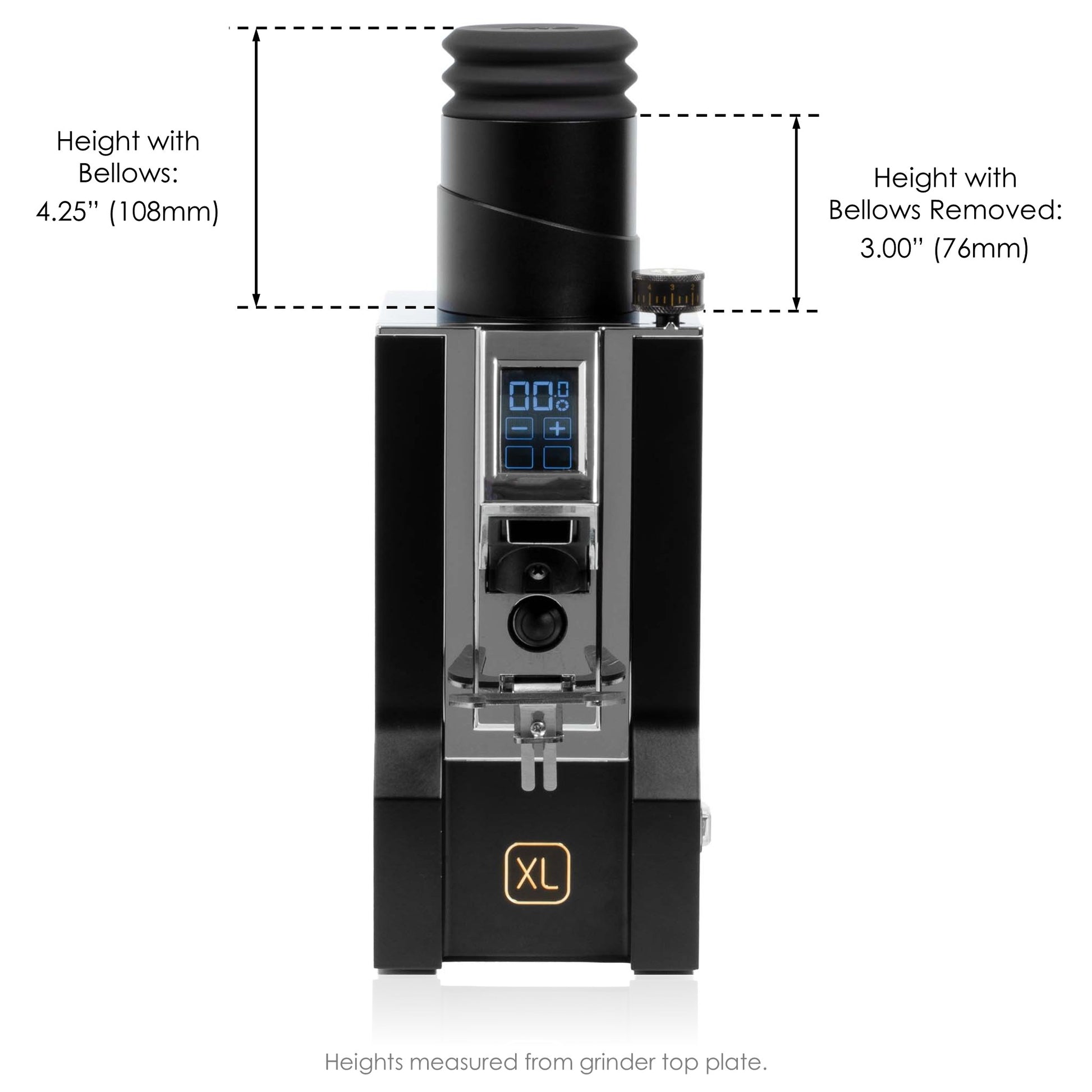 Front view of a Eureka Mignon grinder with the ARO Espresso Single Dose Hopper, showing its height with and without the bellows for size comparison.