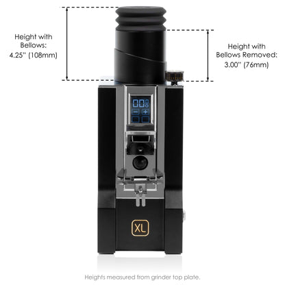 Front view of a Eureka Mignon grinder with the ARO Espresso Single Dose Hopper, showing its height with and without the bellows for size comparison.