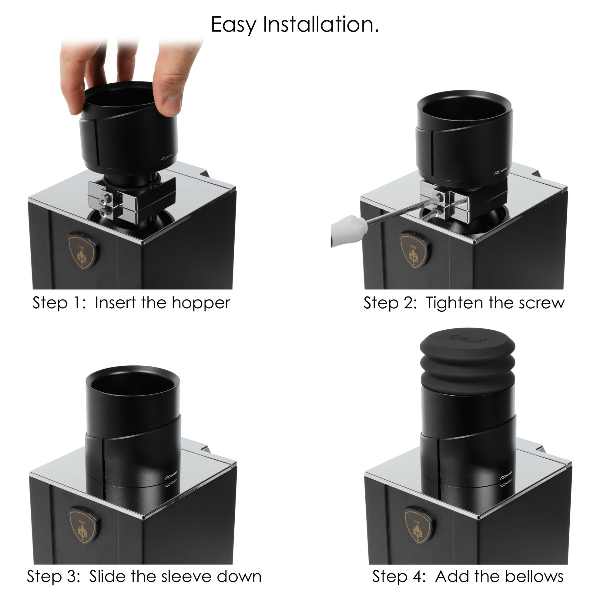 Step-by-step installation guide for the ARO Espresso Grinder Setting Dial, showing the process of inserting, securing, and adjusting the hopper on a Eureka Mignon grinder.