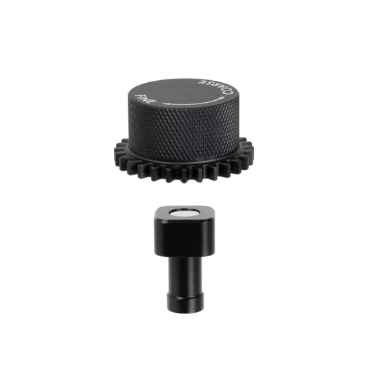 Exploded view of the ARO two-piece magnetic grinder knob showing the knurled aluminum top and square magnetic mounting post.