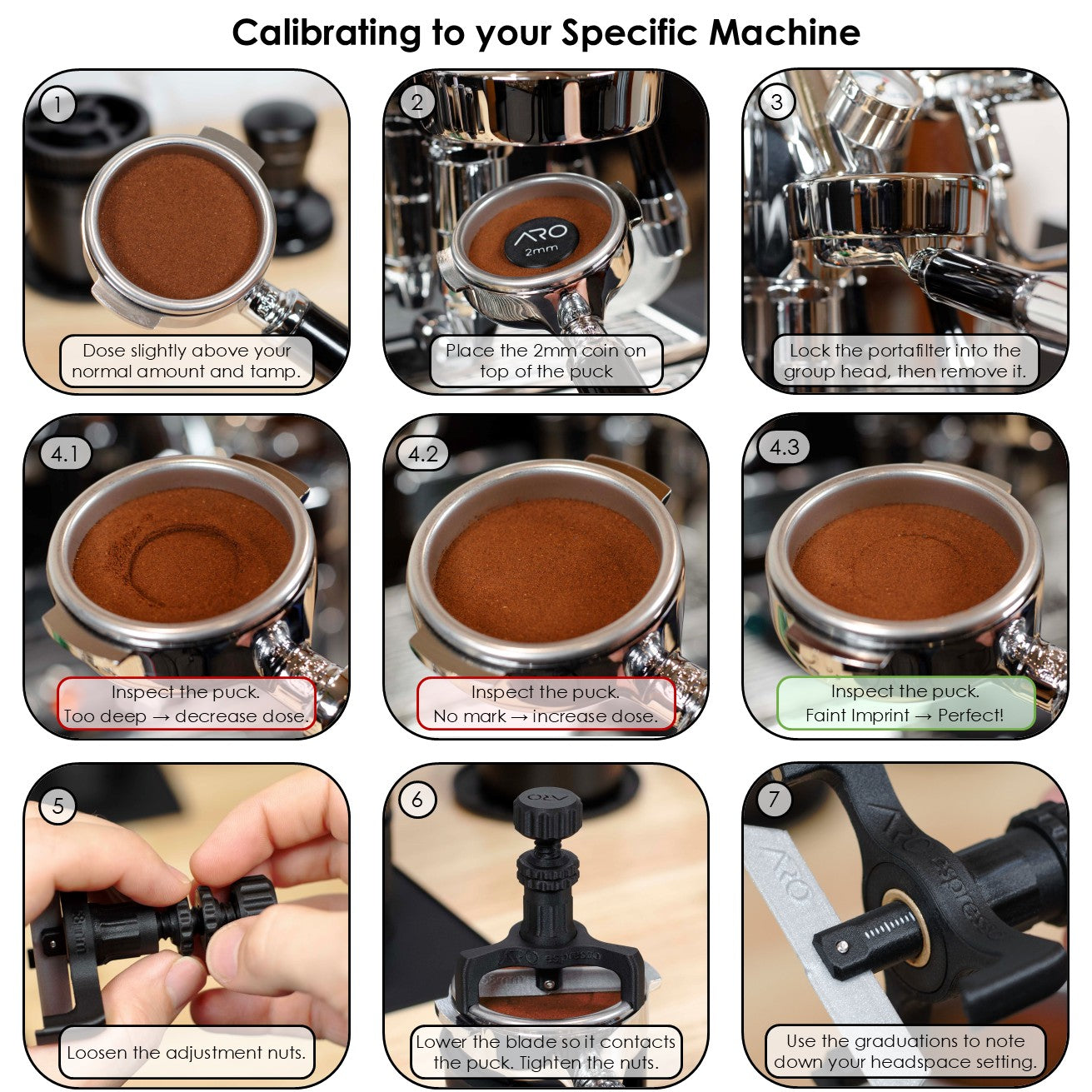 Step-by-step images showing how to calibrate espresso headspace using a 2mm coin and the ARO Headspace Setter.