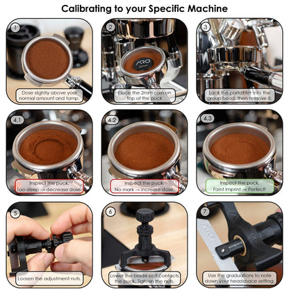 Step-by-step images showing how to calibrate espresso headspace using a 2mm coin and the ARO Headspace Setter.