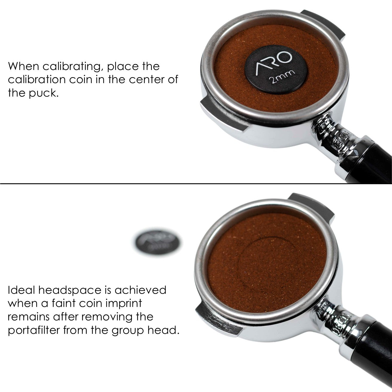 Portafilter with tamped espresso puck and 2 mm calibration coin placed at the center for headspace measurement.