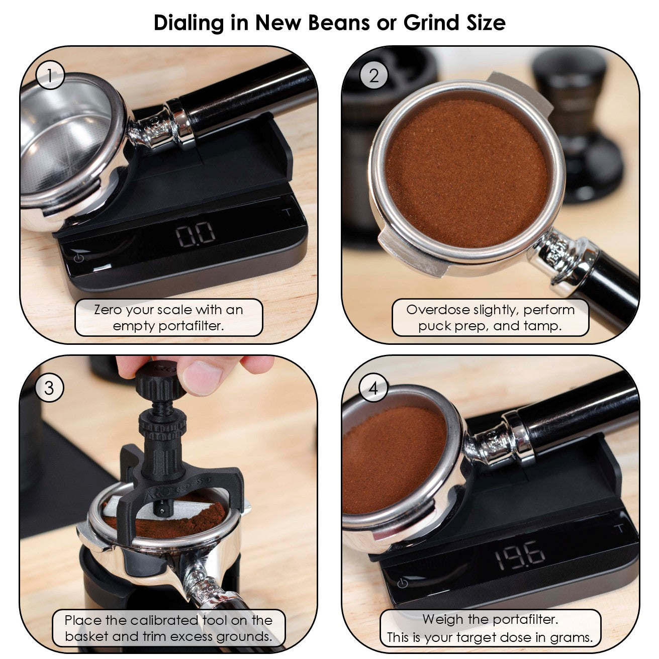 Step-by-step images showing how to dial in a new coffee by trimming the puck to a fixed height and weighing the final dose.