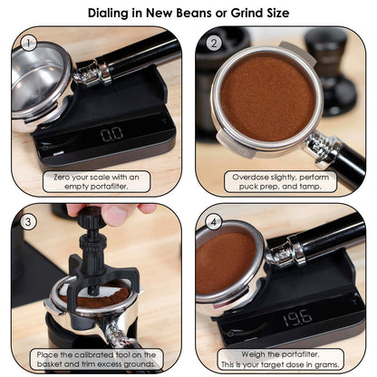 Step-by-step images showing how to dial in a new coffee by trimming the puck to a fixed height and weighing the final dose.