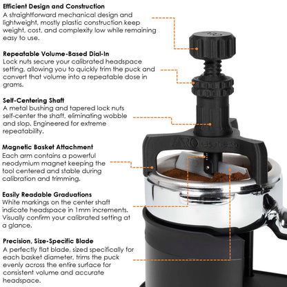 Annotated product image highlighting magnetic basket attachment, self-centering shaft, lock nuts, size-specific blade, and readable graduations.