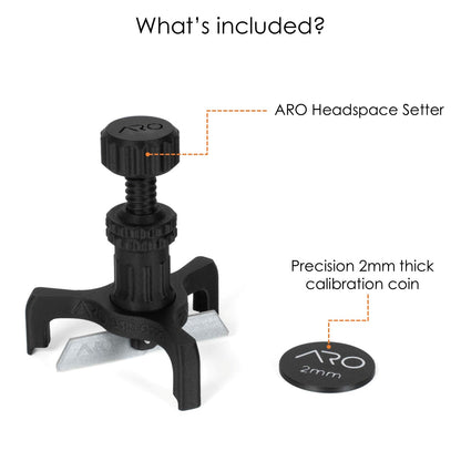 Product contents showing the ARO Headspace Setter and the included 2mm calibration coin.