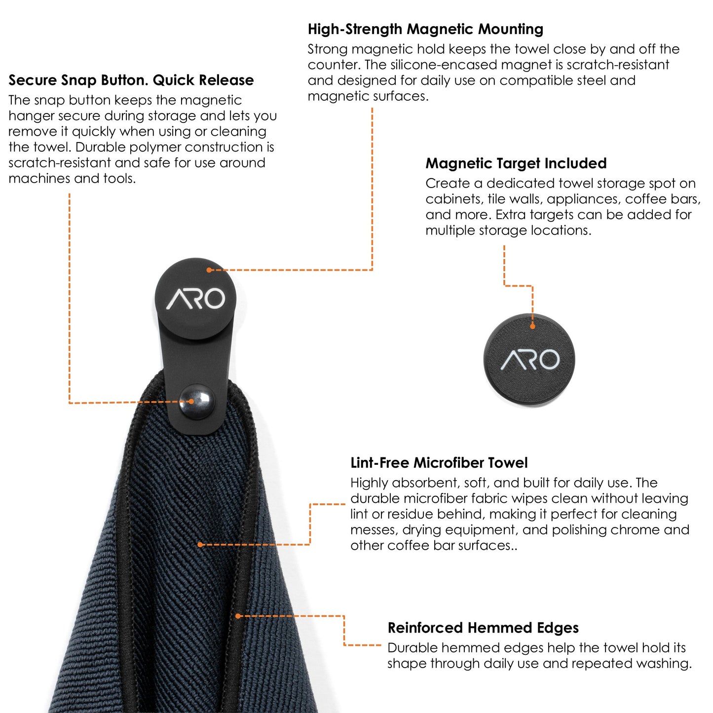 ARO® Magnetic Coffee Bar Towel | 35x35cm Microfiber Towel with Removable Magnet + Magnetic Target