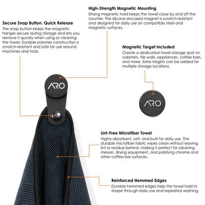 ARO® Magnetic Coffee Bar Towel | 35x35cm Microfiber Towel with Removable Magnet + Magnetic Target
