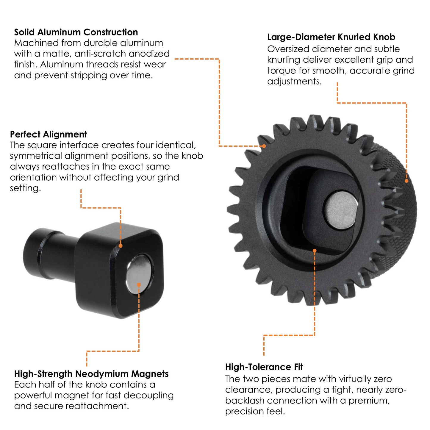 ARO two-piece magnetic aluminum grinder knob showing knurled grip, square alignment interface, neodymium magnets, and precision gear teeth.
