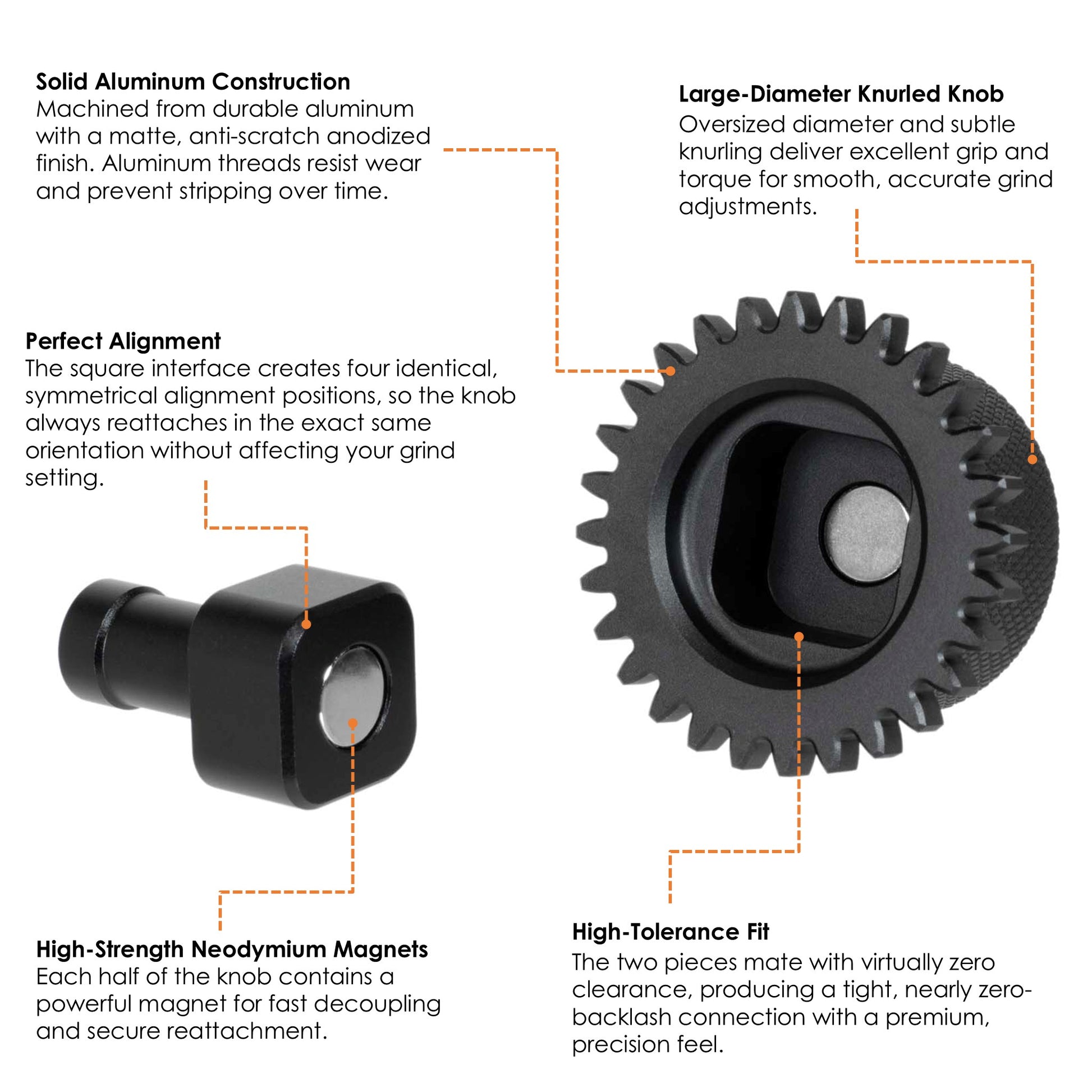 ARO two-piece magnetic aluminum grinder knob showing knurled grip, square alignment interface, neodymium magnets, and precision gear teeth.