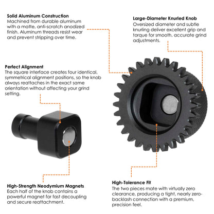 ARO two-piece magnetic aluminum grinder knob showing knurled grip, square alignment interface, neodymium magnets, and precision gear teeth.