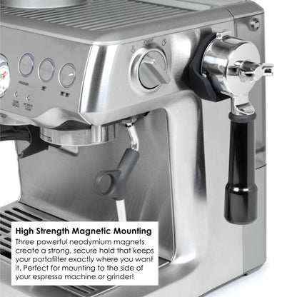 ARO Espresso PortaMount attached to the side of a Breville Barista Express espresso machine, securely holding a portafilter with high-strength magnetic mounting.