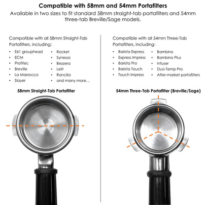 ARO PortaMount compatibility chart showing 58mm straight-tab portafilters and 54mm three-tab Breville/Sage portafilters.