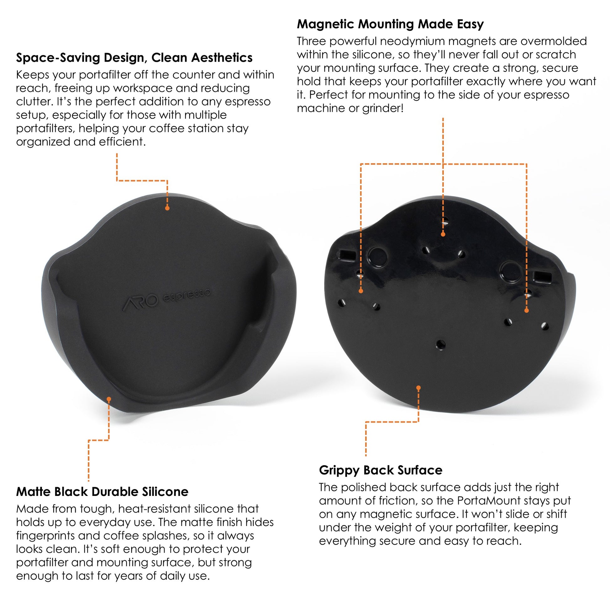ARO Espresso PortaMount front and back view with annotated callouts highlighting space-saving design, durable matte black silicone, magnetic mounting with neodymium magnets, and grippy back surface.