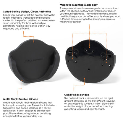 ARO Espresso PortaMount front and back view with annotated callouts highlighting space-saving design, durable matte black silicone, magnetic mounting with neodymium magnets, and grippy back surface.