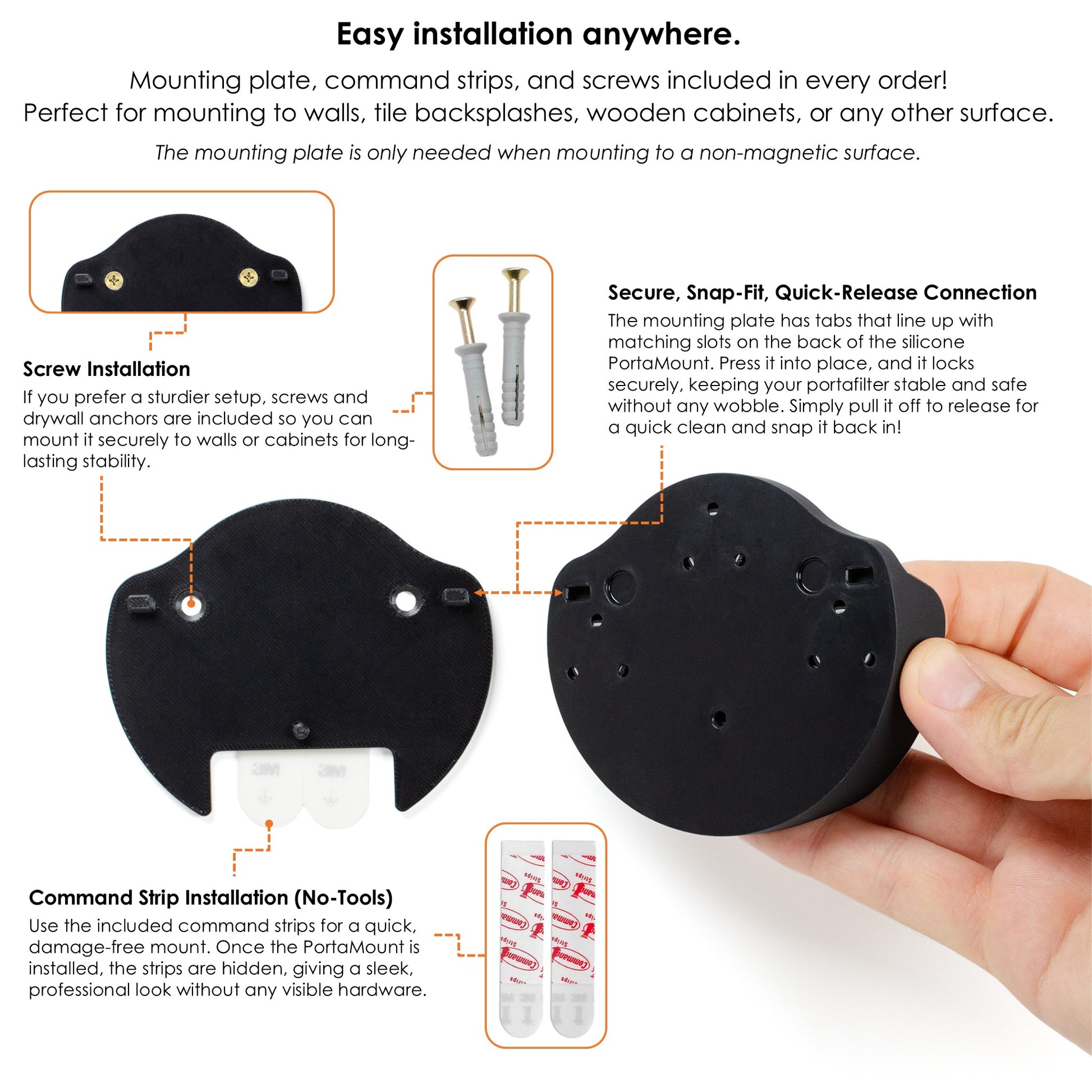 ARO Espresso PortaMount annotated image showing installation options with mounting plate, screws, and command strips for attaching to walls, cabinets, or backsplashes.