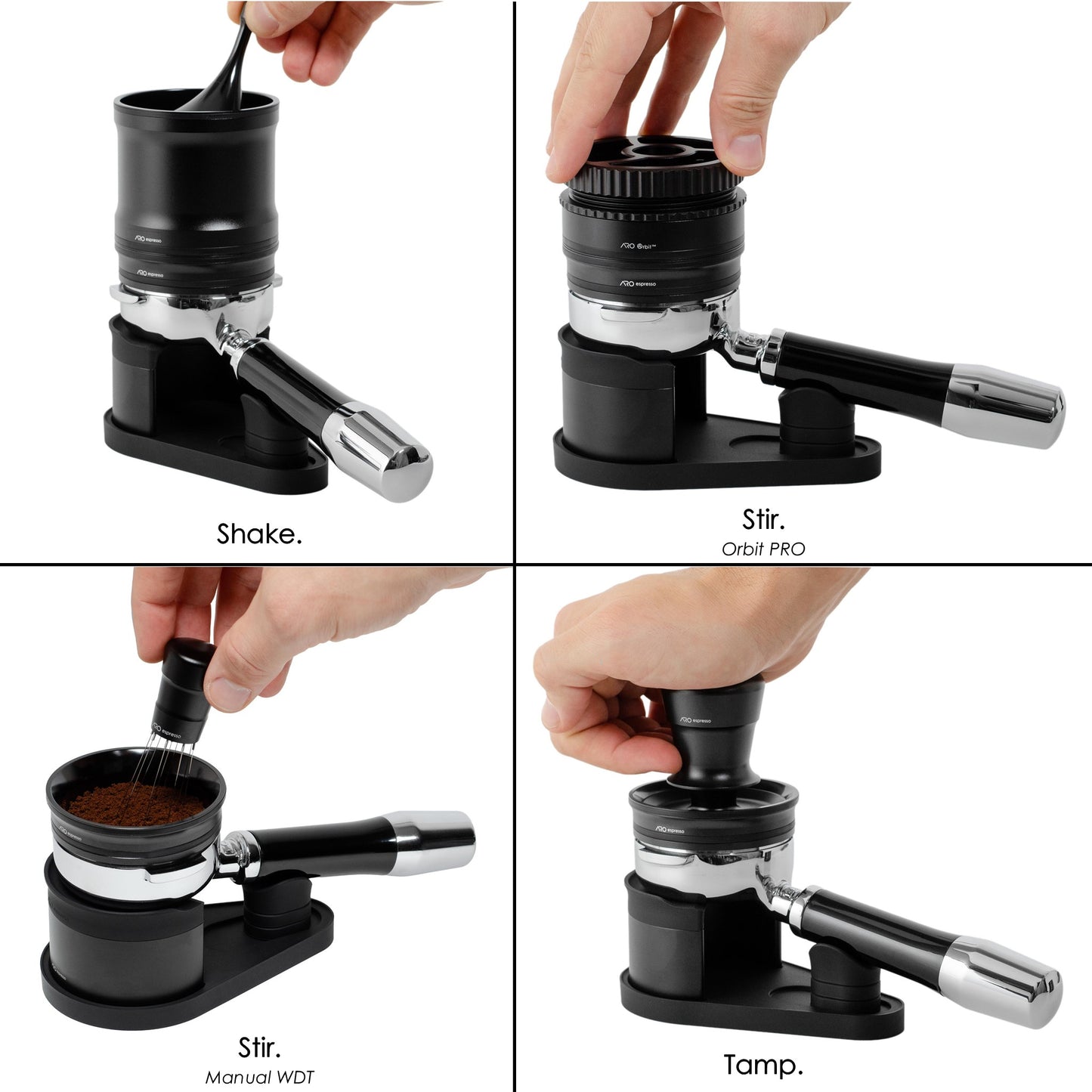 Four-step puck preparation workflow using the ARO Adjustable Puck Prep Stand, showing hands-free dosing, distribution with the Orbit PRO, manual WDT, and tamping with the portafilter fully supported and level throughout the process.