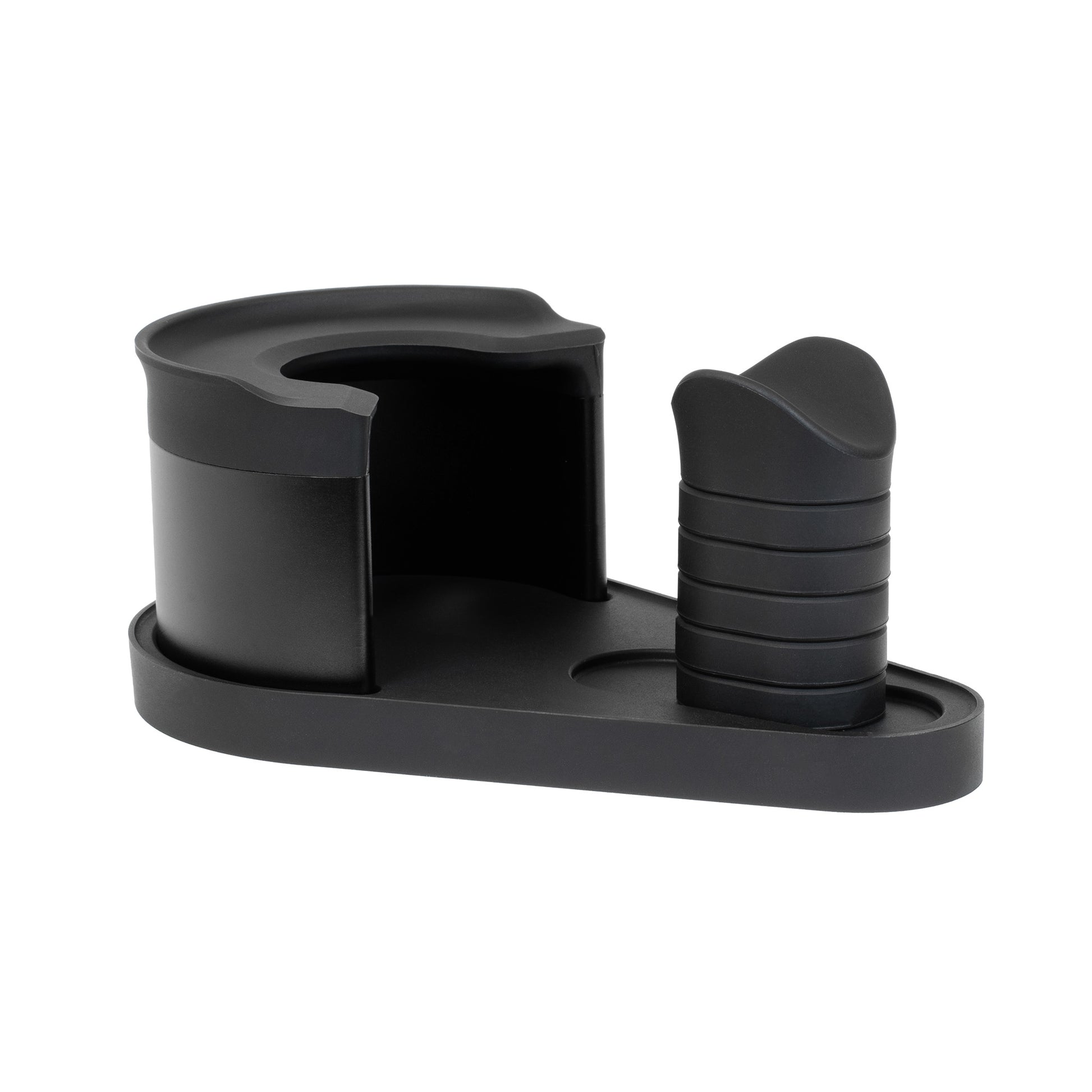 ARO Adjustable Puck Prep Stand shown without a portafilter, highlighting the steel-reinforced silicone portafilter rest, adjustable silicone handle saddle with magnetic spacers, and heavy non-slip base.
