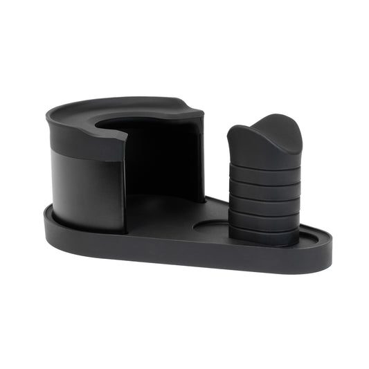 ARO Adjustable Puck Prep Stand shown without a portafilter, highlighting the steel-reinforced silicone portafilter rest, adjustable silicone handle saddle with magnetic spacers, and heavy non-slip base.