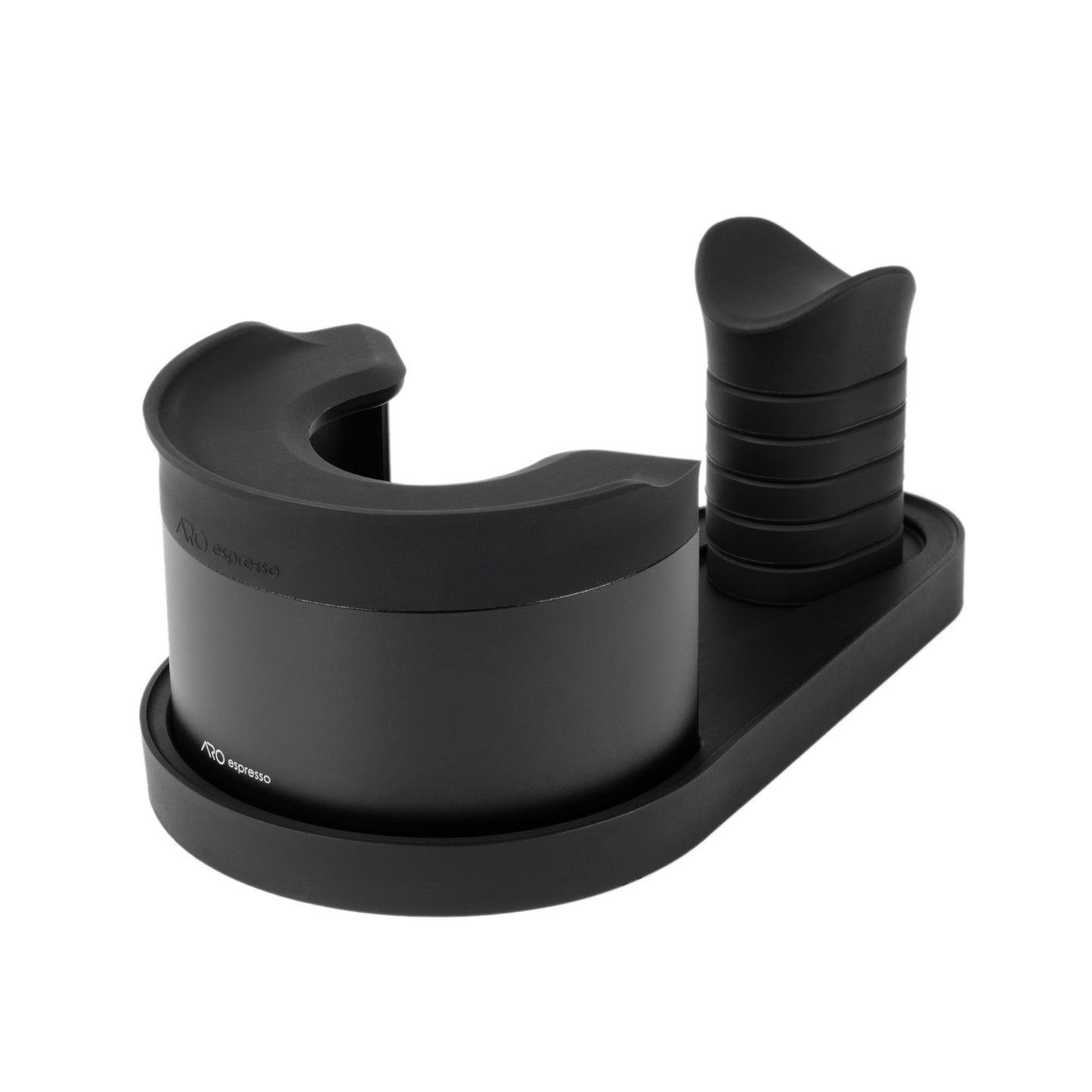 Angled front view of the ARO Adjustable Puck Prep Stand showing the contoured steel-reinforced silicone portafilter rest, adjustable magnetic handle support, and compact, weighted base for stable puck preparation.