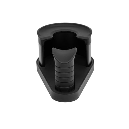 Rear view of the ARO Adjustable Puck Prep Stand showing the centered portafilter rest opening, adjustable silicone handle saddle, and compact, stable base design.