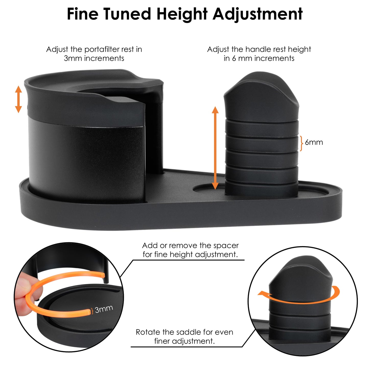 Annotated image of the ARO Adjustable Puck Prep Stand illustrating fine-tuned height adjustment, showing 3 mm portafilter rest adjustment, 6 mm magnetic handle spacer stacking, sliding handle reach adjustment, and rotating silicone saddle for precise leveling and universal compatibility.