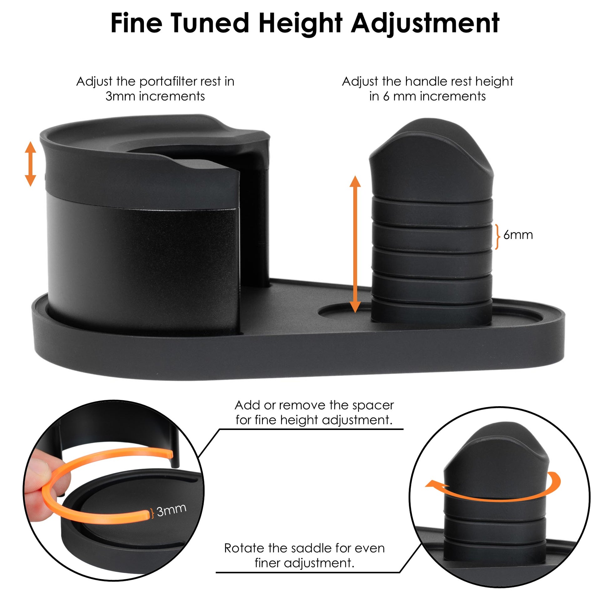 Annotated image of the ARO Adjustable Puck Prep Stand illustrating fine-tuned height adjustment, showing 3 mm portafilter rest adjustment, 6 mm magnetic handle spacer stacking, sliding handle reach adjustment, and rotating silicone saddle for precise leveling and universal compatibility.